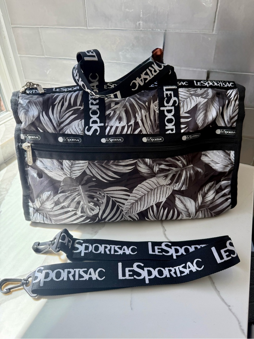 LeSportsac Limited Edition Black & White Aloha Night Print with Logo Strap